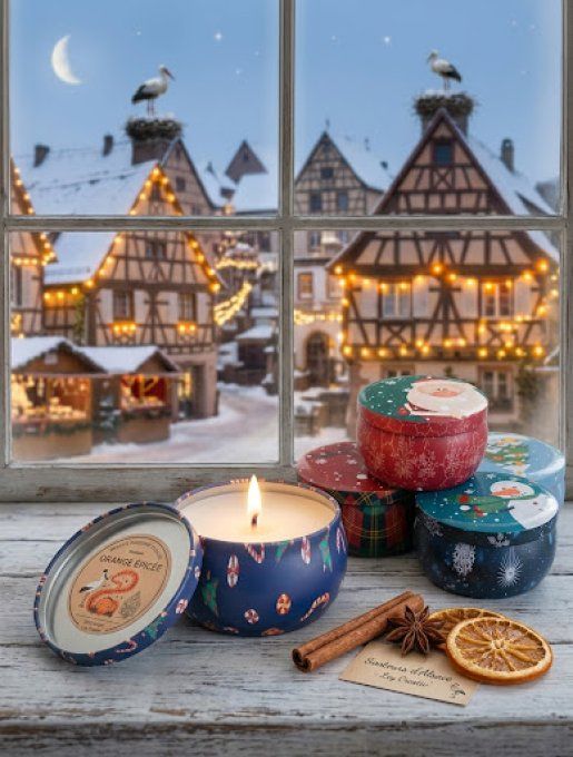 ​Bougie artisanale en boîte métallique illustrée Magie Épicée de Noël cire de soja Ley Creativ